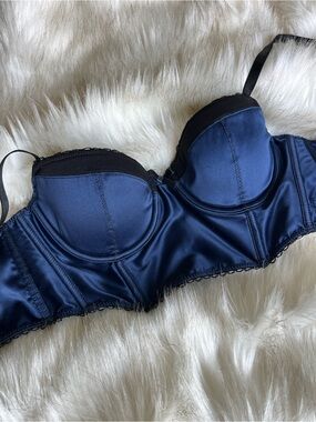 AERIE SATIN LONGLINE BUSTIER BRA UNDERWIRE/BONING NAVY BLUE
